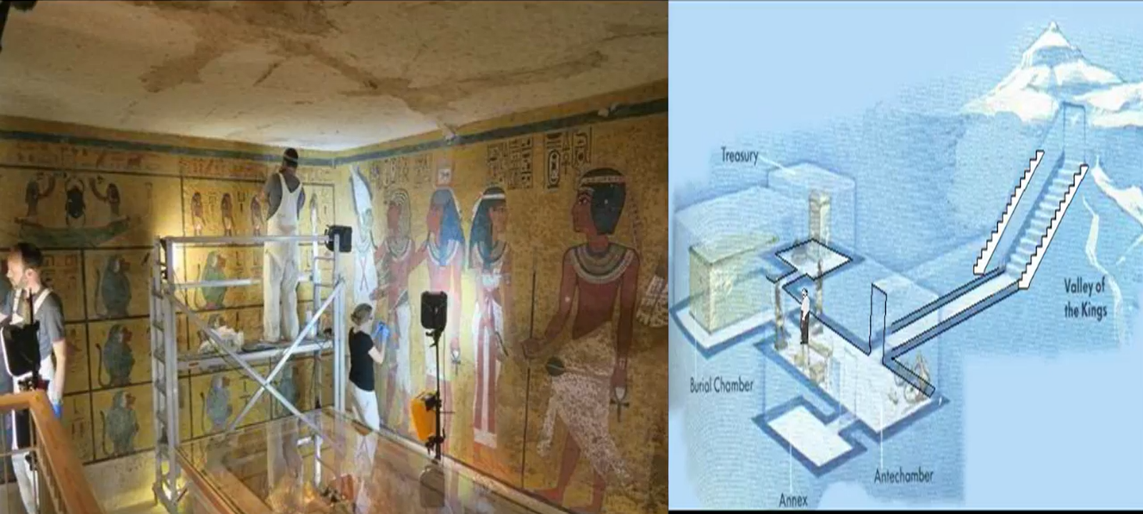 Howard Carter walking through the tomb of Tutankhamun